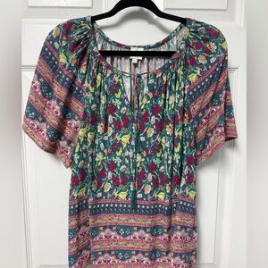 Joie Teal Floral Tie-Front Tunic with Burgundy & Yellow Accents